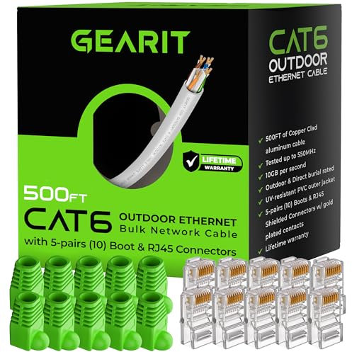 GEARit RJ45 Cat-6 Ethernet Patch Cable, DIY Bulk Kit (10 RJ45 & 10 Boot), 10Gpb Transfer Speed, Gold-Plated Connectors, Copper Clad, Outdoor, UV Resistant, Direct Burial, Waterproof, 500 Foot, Black