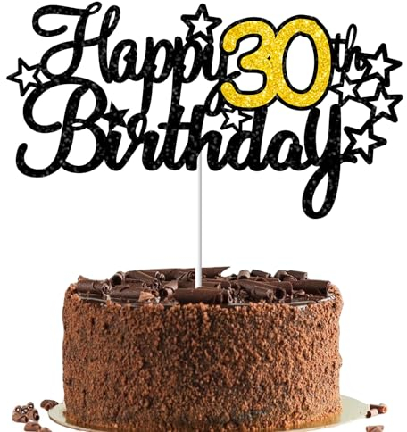 Gidobo 1PCS Happy 30th Birthday Cake Topper, Black Gold Glittery Happy 30th Birthday Cake Decorations for Birthday Anniversary Party Cake Pick Decorations Supplies
