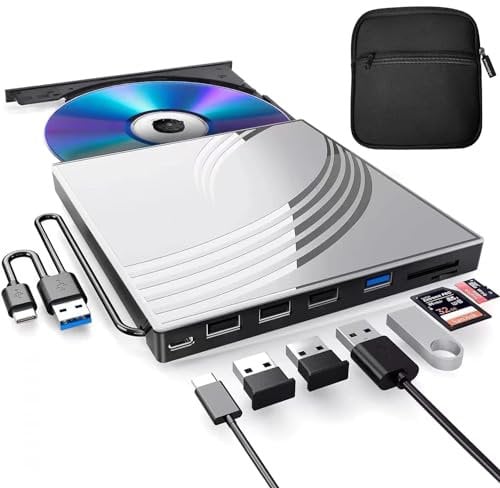 Lecteur CD externe DVD+/-RW avec étui de transport, graveur CD USB 3.0 ultra fin avec 4 ports USB, 2 emplacements pour cartes TF/SD, 1 port de type C, lecteur DVD pour ordinateur portable