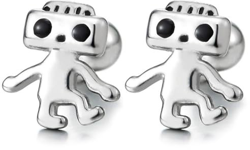 Roboter Ohrstecker Ohrringe mit Schwarzer Emaille Detail, Herren Damen Klein Ohrringe, Edelstahl, Schraube Wieder