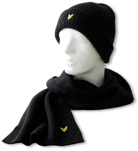 Lyle & Scott Herren-Set Gerippter Wintermütze Schal Lammwolle - Tiefschwarz