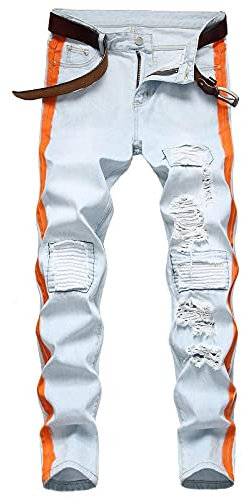 YUEZHAN Jeans Vaqueros De Moda para Hombres Pintura Personalizada Parche De Agujero Roto Jeans De Moda para Hombres 42 Azul Claro