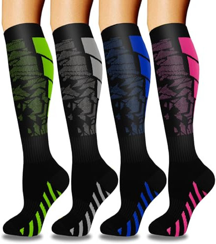 ACTINPUT 4 Paar Kompressionsstrümpfe für Damen Herren, Bunte Stützstrümpfe Kompressionssocken für Sport, Flug, Laufen, Reisen, Radsport, krankenschwester(4110 - Schwarz,L-XL)