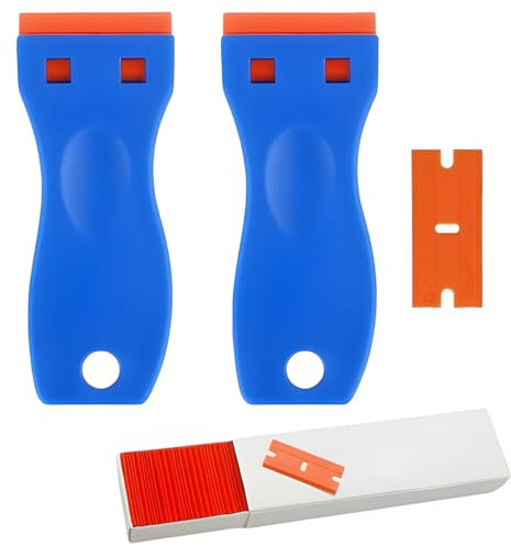 2 Mini Raschietto in Plastica con 100 Lame in Plastica, Raschietto Vetro per Tinta Finestr, Rimuovere Etichette, Colla, Vernice, Adesivi e Decalcomanie (Blu)