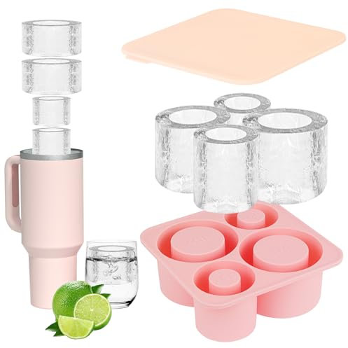 Ice Mold for Stanley Cup, Silicone Ice Moulds, Ice Cube Tray with Lid for Stanley Cup 20-40oz, Large Ice Trays for Freezer, 4 Compartments Ice Cube Moulds for Cocktails/Whisky/Drinks/Coffee(Pink)