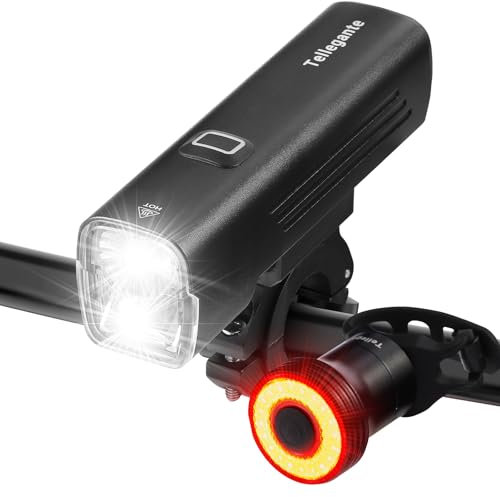 Tellegante Lampe Velo 2 LED Ultra Puissantes 6000mAh Eclairage Velo Rechargeable USB C, Feu Arrière Vélo Intelligent, IPX6 Étanche Lumière Vélo Avant et Arrière en Aluminium pour VTT Course Cycliste