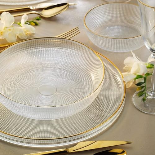 Vajilla de Vidrio de 18 Piezas Fecra Loren - Vajilla de 18 Piezas Borde Dorado – Vajilla completa y elegante – Juego de Comedor para 6 personas
