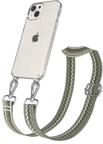 EAZY CASE Handykette - Verstellbares Taschenband kompatibel mit iPhone 13, Schulterriemen, Handykordel mit Silikon Hülle, Umhängetasche, Grün Beige Silber