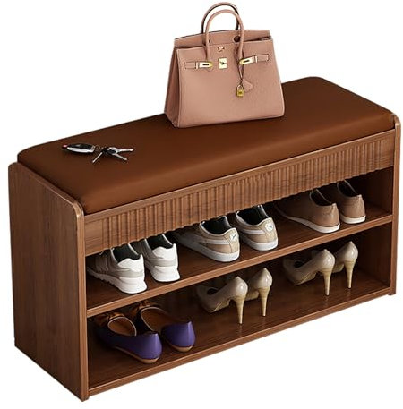 Shoe Storage Bench with Side Holder, 3 Tier Entryway Bench with Storage, Rustic Narrow Bench Seat for Indoor, Entryway, Dining Room, Living Room and Hallway(Brown,80*24*42cm/31*9.4*16.5in)