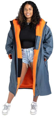 Dryrobe Advance - The Original Long Sleeve Waterproof Changing Robe - Oversized Coat with Fleece Lining - for Beach, Cold Water Wild Swimming, Surfing - Small - Dark Grey/Orange