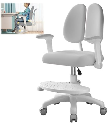 TAZZOR Schreibtischstuhl Kinder, Höhenverstellbarer mit 90° schwenkbaren Armlehnen & Fußstütze | Ergonomischer Drehstuhl für Mädchen und Jungen | Bequemer Lernstuhl für Kinderzimmer (Grau)