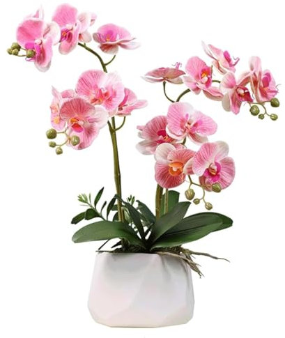 LAHTIQWE Künstliche Kunstblumen in Vase Keramikvase, künstliche Orchidee, Seide, künstliche Phalaenopsis-Blumen, künstliche Phalaenopsis-Blumenornamente Wohndekoration