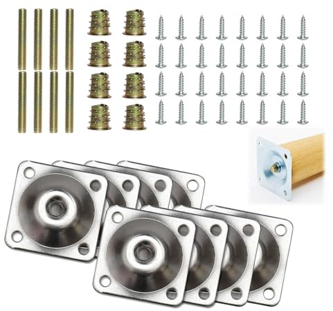 8 Stück Silber Möbelbein Montageplatten M8, 4 Stück 12 Grad T Platte + 4 Stück flache Beinbefestigungsplatten mit 40 Stück Stockschrauben, Halterung Montage für Möbel, Möbelfüße Befestigung Platten