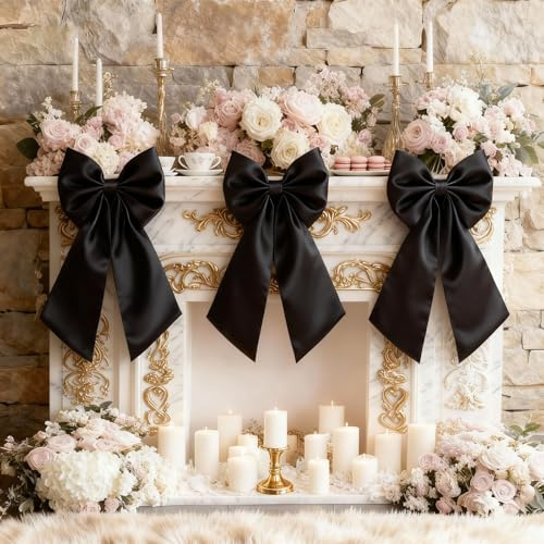 Froova Black Decor 3 Pack Large Black Bows Decoration 22 × 11 Inches Big Bow Decor Coquette Party Background for Crib Bachelorette Baby Shower Bridal Shower Wedding