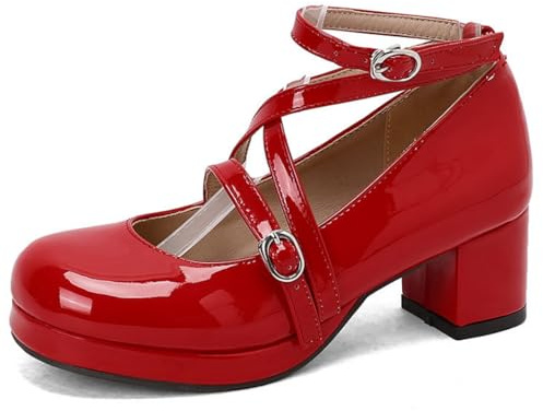 Donne Cinghie Incrociate Mary Janes con Fibbia Punta Rotonda Pelle Verniciata Scarpe Lolita Tacco A Blocco Piattaforma Scarpe da Vestito,Rosso,45 EU