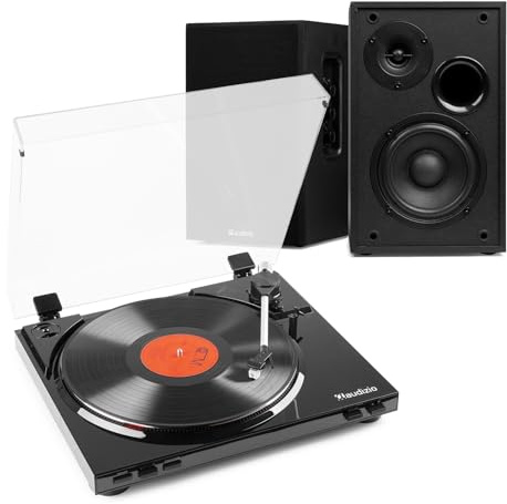Audizio RP310 Home Vinyl Record Player System with Active Bluetooth Bookshelf Speakers, Auto Return, USB MP3 Recording, Stereo Line Output, AT3600 cartridge, 33/45 RPM, Complete Turntable Kit
