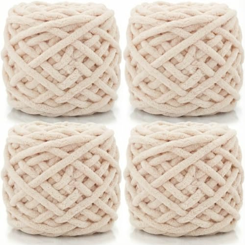 Lighterday 4×100g Rollen Chenille Wolle Zum Häkeln Dick Garn Flauschige Dicke Wolle zum Häkeln und Stricken,Chunky Yarn für Anfänger,Ideal für Schal,Blanket,Mützen,Pullover und Taschen(Khakiweiß)