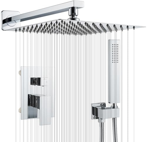 Concealed Shower Set Chrome 2 Ways with 10-Inch Rainfall Shower Head Square | Concealed Rain Shower System with Built-in Brass Mixer Valve, Single Lever Shower Tap, Stainless Steel Handheld Spray Head