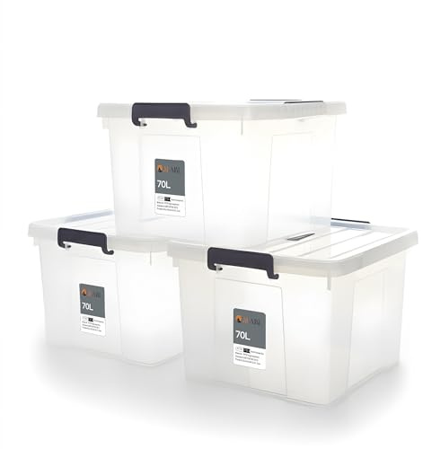 AL AJAL Plastic Storage Containers | Storage Boxes with Lids, Stackable Organizer Boxes with Handles for Clothes, Toys, Office (70L / PACK OF 3)
