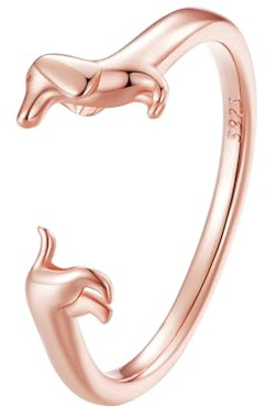 Kerraom Bague Teckel Réglable Argent 925 Doré/Or Rose/Noir - Bague Tecke Pour Femme et Amoureuse des Chiens - Cadeau Noël, Anniversaire, Saint-Valentin, Fête des Mères