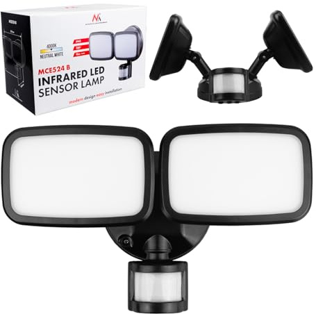 Maclean MCE524 B LED-Wandleuchte | 20 W, 1500 lm, mit PIR-Bewegungsmelder, IP65 | Zwei verstellbare Leuchtenköpfe, neutrale Farbe 4000 K, schwarz | Energieeffizienzklasse E