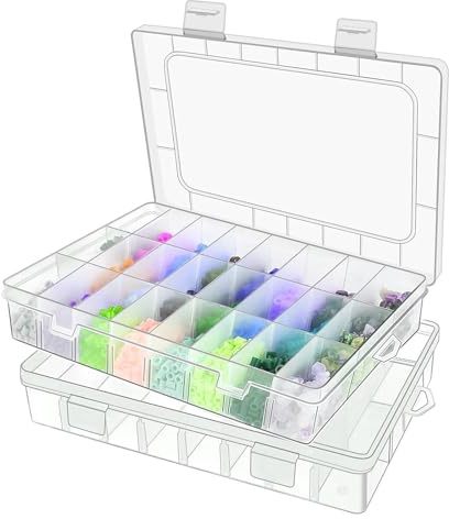 2PCS Extra Large Plastic Storage Box with 24 Grids, Plastic Storage Box Adjustable Compartment Organiser Container for Beads, Jewellery & Art Crafts Heavy Duty Tool Box for Small Parts-33.6x22.4x5.7cm
