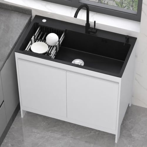 80cm Lavandino da Giardino Autoportante in Acciaio Inox Nero, Lavello da Esterno con Mobiletto in Alluminio Alveolare, Lavatoio con Rubinetto Caldo e Freddo per Garage, Balcone e Camping