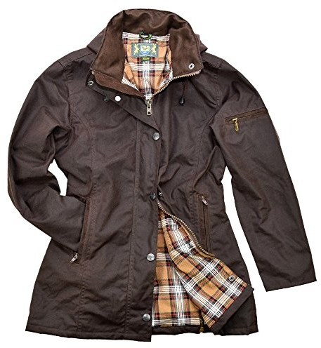 Romneys Damen-Wachsjacke New Ashdown - Robuste Wind- und wasserdichte, tailliert geschnittene Regenjacke inklusive Kapuze (braun, XL)