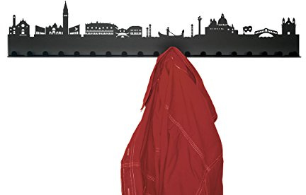 Radius Städtegarderoben - Skyline Wandgarderobe aus pulverbeschichtetem Stahl mit 19 Haken - 80 x 3 x 18 cm, Schwarz (709 V3) - über 45 verschiedene Motive (Venedig)