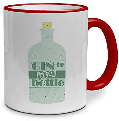 printplanet Tasse mit Spruch: Gin-ie in a Bottle - beidseitig Bedruckt - Kaffeebecher, Mug, Becher, Kaffeetasse - Farbe Rot