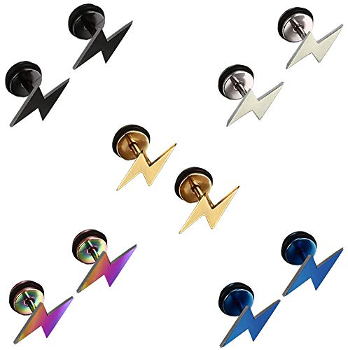 Epoch World 5 Paia 8MM Acciaio Inossidabile Orecchini Fulmine per Uomo Donna Bambina Maschili Oro Negro, Orecchini Donna Argento Piccoli Gioielli Piercing