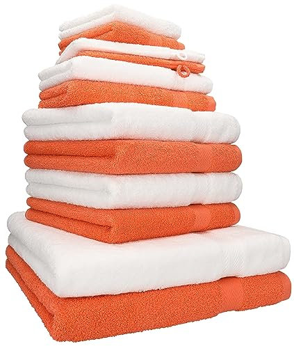 Betz 12-TLG. Handtuch Set Premium 100% Baumwolle 2 Duschtücher 4 Handtücher 2 Gästetücher 2 Seiftücher 2 Waschhandschuhe Farbe weiß/blutorange
