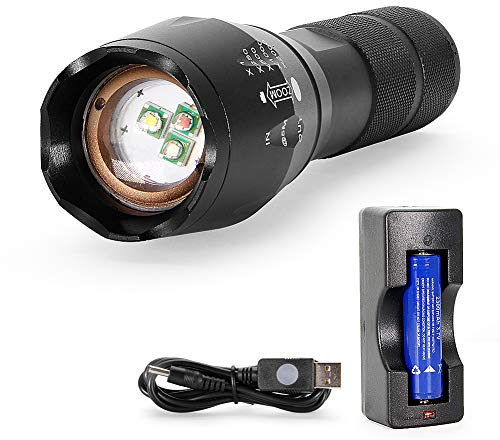 Taschenlampe Rot Grün Weiß 3 Farbiges LED Integrierte Wasserdicht Einstellbarem Fokus Torch mit 2200mAh Akku und USB-Ladegerät für Angeln, Wandern, Camping, Höhlenforschung, Outdoor-Aktivitäten