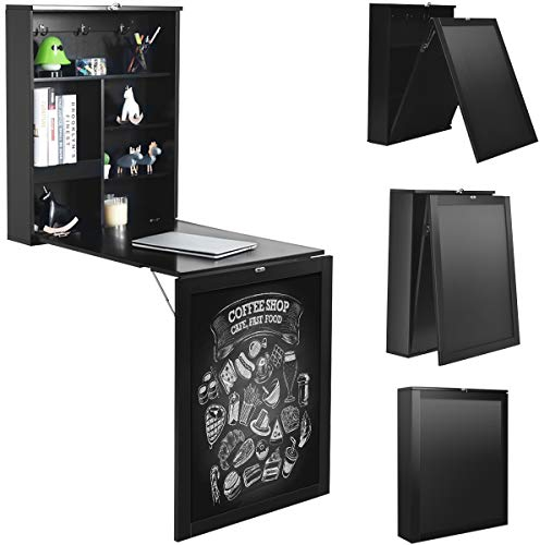 GOPLUS Wandklapptisch, Wandtisch mit Tafel & Regal, Klapptisch aus hochwertigem Holz, Esstisch für Esszimmer, Küche, Wohnzimmer & Büro, 60 x 85 x 145,5 cm (Schwarz)