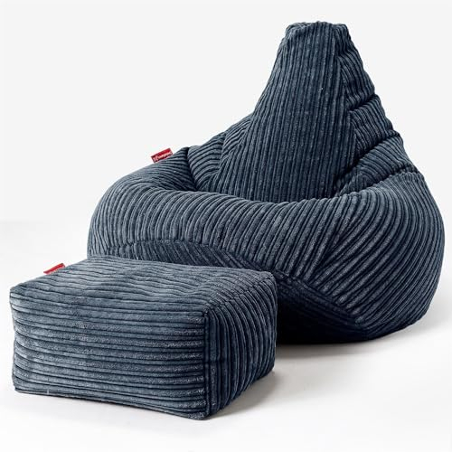 Lounge Pug Cord Highback Bean Bag Chair and Footstool - Gaming Recliner Bean Bags for Adults - Navy Blue