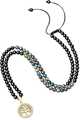COAI Collier Mala 108 Perles Obsidienne Noire Azurite Pendentif Arbre de Vie Homme Femme