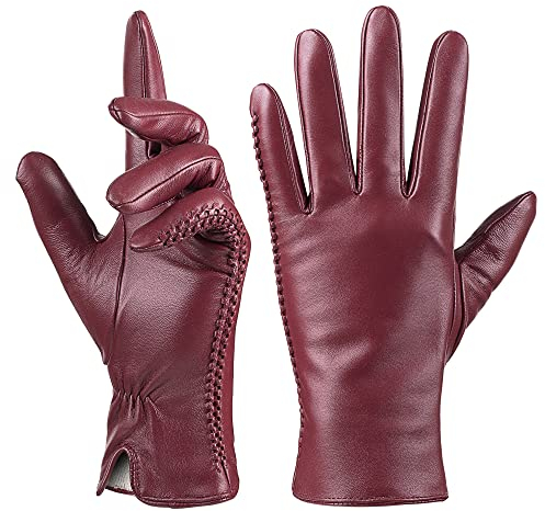 QNLYCZY Echtes Schaffell Leder Handschuhe für Damen, Winter Warm Kaschmir Futter Touchscreen Texting Fahren Motorrad Kleid Handschuhe