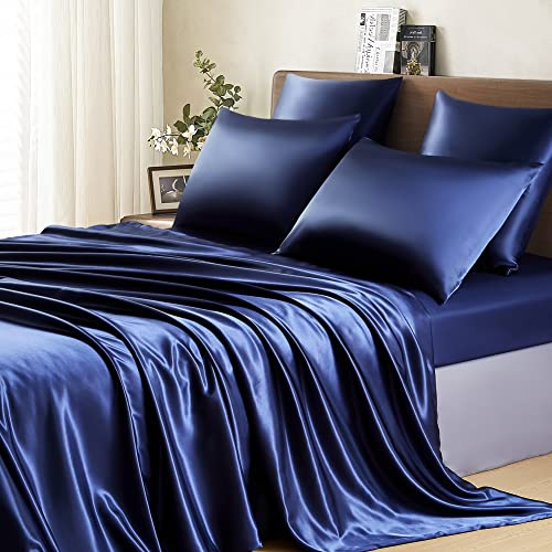 Lanqinglv Juego de ropa de cama de satén, 135 x 200 cm, color azul marino y seda, liso, satén brillante, de lujo, de verano, de poliéster, funda nórdica con cremallera y 1 funda de almohada de 80 x 80
