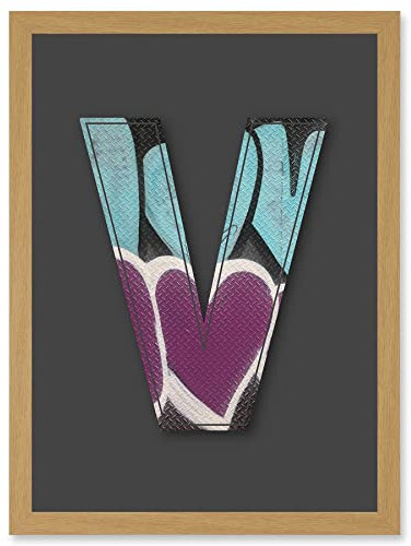 Wee Blue Coo Letter V Love Metal Effect NYC Decorative Graffiti Mural Alphabet Initial Stencil Artwork Framed Wall Art Print A4