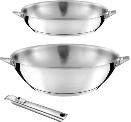 CUISINOX - Eclipse - Lot 3 pièces tout inox - Wok 28 cm, poêle 24 cm et poignée amovible inox - Fond encapsulé - Compatible tous feux dont induction - Acier Inoxydable 18/10 - Finition miroir