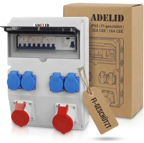 ADELID Baustromverteiler Wandverteiler 1x 32A 1x 16A 5-polig CEE 4x 230V Schuko | FI-Schalter Fehlerstromschutzschalter | Stromverteiler Starkstromverteiler IP65 | 400V Drehstromverteiler