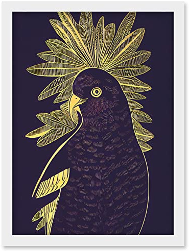 Wee Blue Coo Detailed Stylish Dark Deep Purple Yellow Gold Parrot Tropical Plant Illustration Artwork Framed Wall Art Print A4