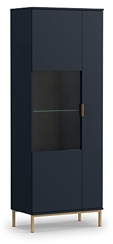 Lomadox Vitrinenschrank in Marineblau mit 1 Softclose-Glastür, Glasboden, 1 Push-to-Open Tür, im Industrial Design mit Metall Fußgestell in Gold, B/H/T ca. 70/190/41 cm