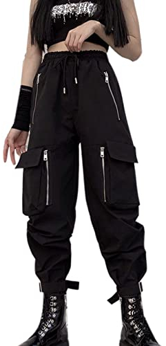 AULKEEP Damen Hip Hop Street Pants Trendy Jogger für Damen Goth Harajuku Hohe Taille Hose Sexy Hohl Schwarz Hose, Doppeltasche schwarz, Groß