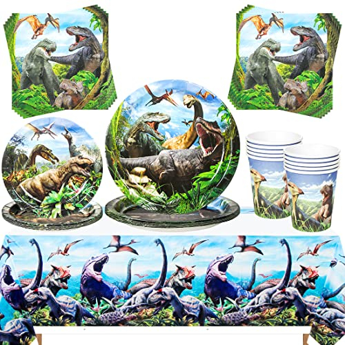 Dinosaurier Partygeschirr, 49-teiliges Dino Geschirr Pappteller Kindergeburtstag Party Set für Mädchen Junge-16 7'' Pappteller, 16 Servietten, 16 Pappbecher, 1 Tischdecke