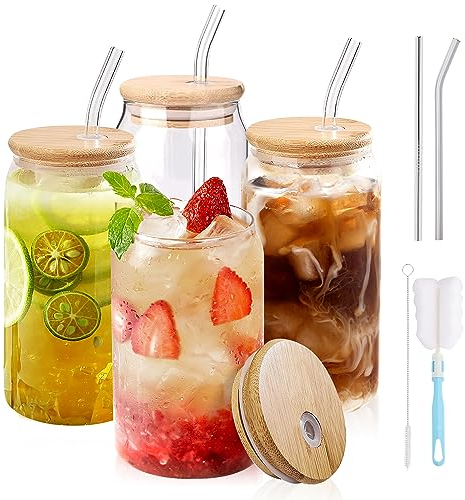 DONGSHANGIFT Gobelets en verre avec couvercles et pailles, lot de 4,Gobelets en verre en forme de canette 480ML,Verres à boire avec couvercle en bambou et paille,Verre à bière,Verres à café glacé
