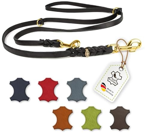 CopcoPet Hundeleine Leder 3-Fach verstellbar, Umhängeleine für mittelgroße Hunde, Fettlederleine Hund geflochten, Leichte Führleine & Übungsleine, ideal für Spaziergang, 5m x 20mm Schwarz