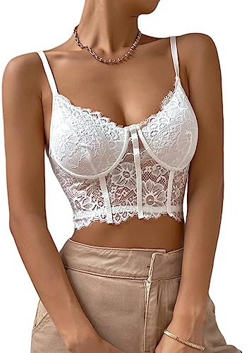 Rongseng Camiseta sin Mangas para Mujer Top Sexy de Encaje Crop Top Cuello en V Camisetas Tirantes Ajustables sin Vientre Verano Camisola Sujetador de Encaje Floral