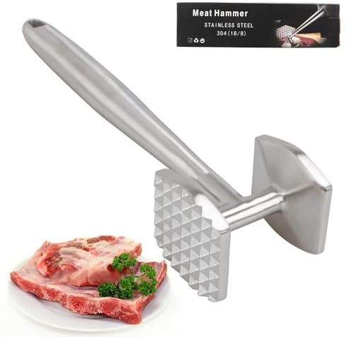 AKOLAFE Fleischklopfer Edelstahl Fleischklopfer 26cm Schnitzelklopfer Doppelseitig Fleischhammer Antihaft Meat Tenderizer Aufhängend für Steak, Huhn, Schwein, Rippchen, Spülmaschinenfest