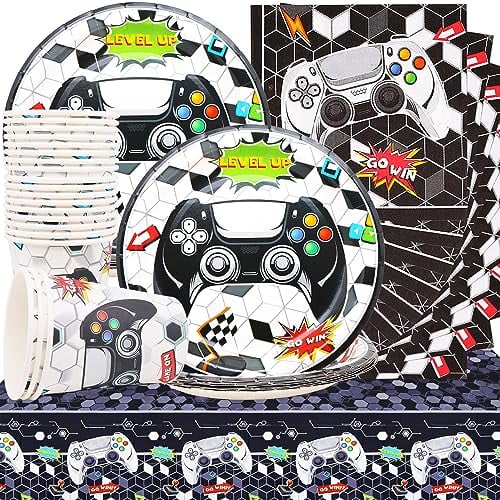 Huaxintoys Vaisselle de Fête Anniversaire Jeu Vidéo, Ensemble de Fournitures de Fête de Jeu Comprendre 20 Assiette à Dessert, 20 Tasses, 20 Serviettes et 1 Nappes